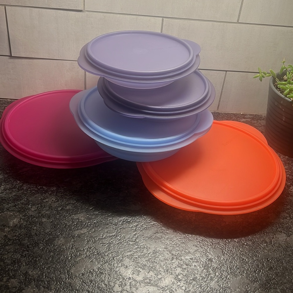 Set of 5 collapsible bowls with lids by Tupperware. Excellent condition.